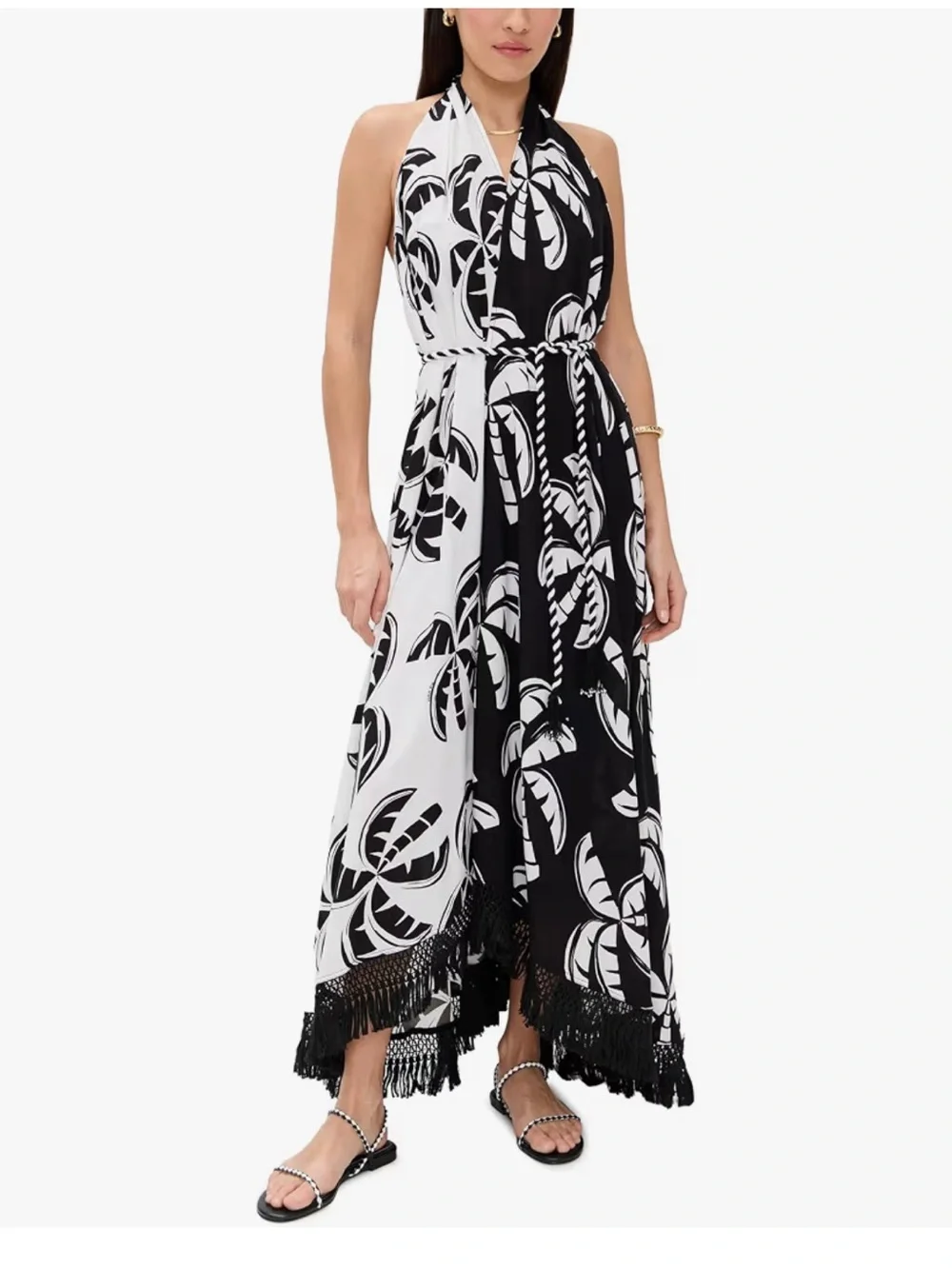 FARM Rio Black & White Palm Print Halter Maxi Dress - Picture 1 of 5